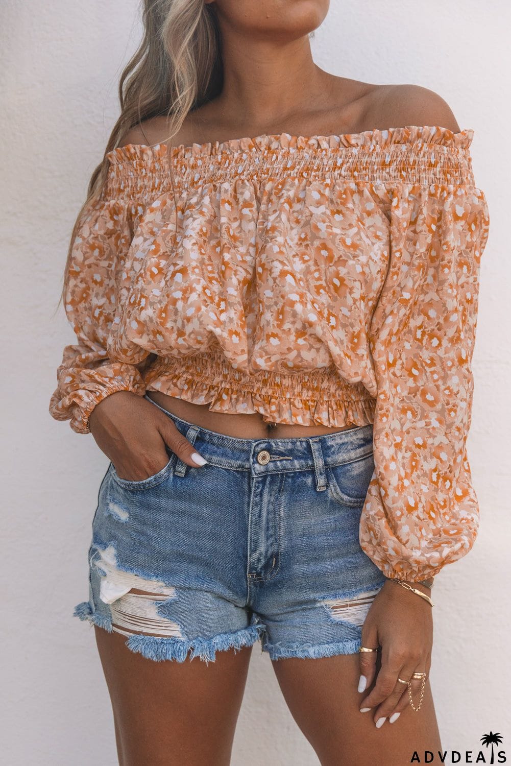 Ruffled Shirred Off Shoulder Floral Top