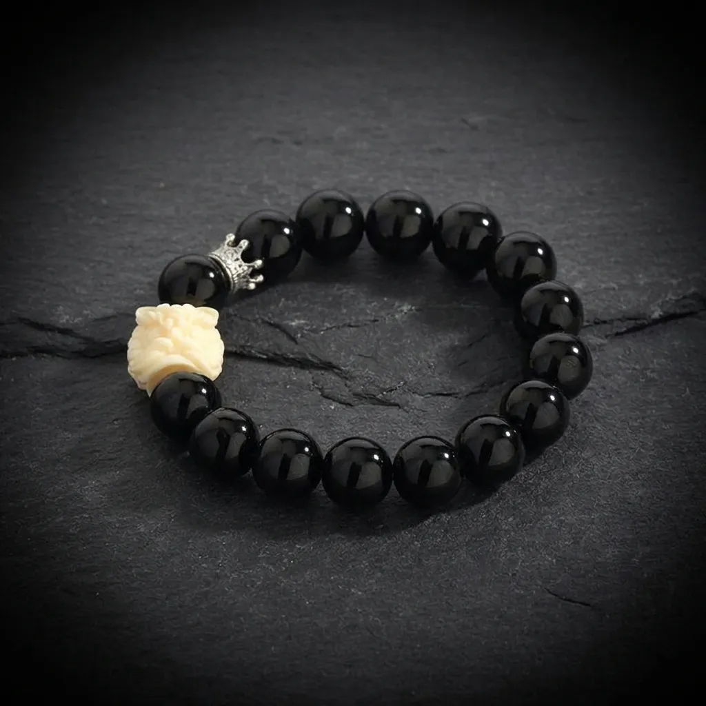 JiStones Guardian Lion & Crown Beaded Bracelet - Men's Luxury Streetwear Accessory Ivory White Guardian Lion