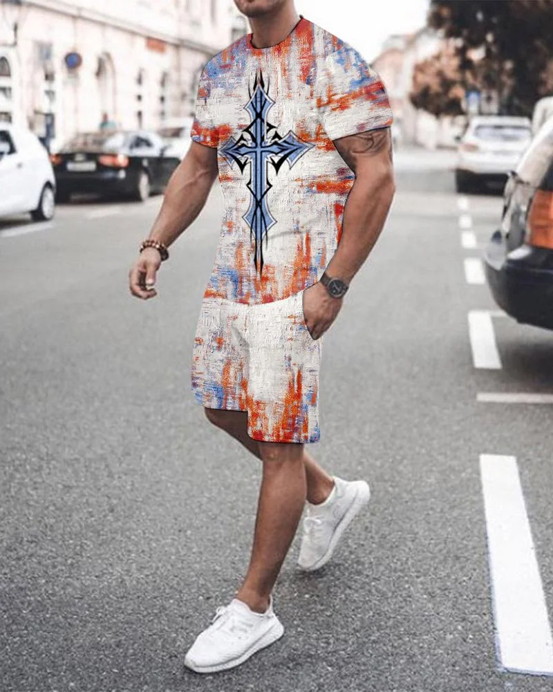 Men's Sports Cross Smudge Printed Abstract Shorts Suit