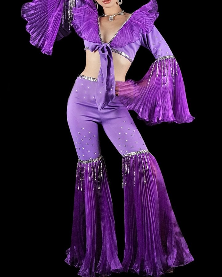 Purple Retro Disco Top and Flared Pants Set