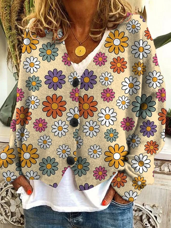 Floral Print Casual Button Flannel Cardigan