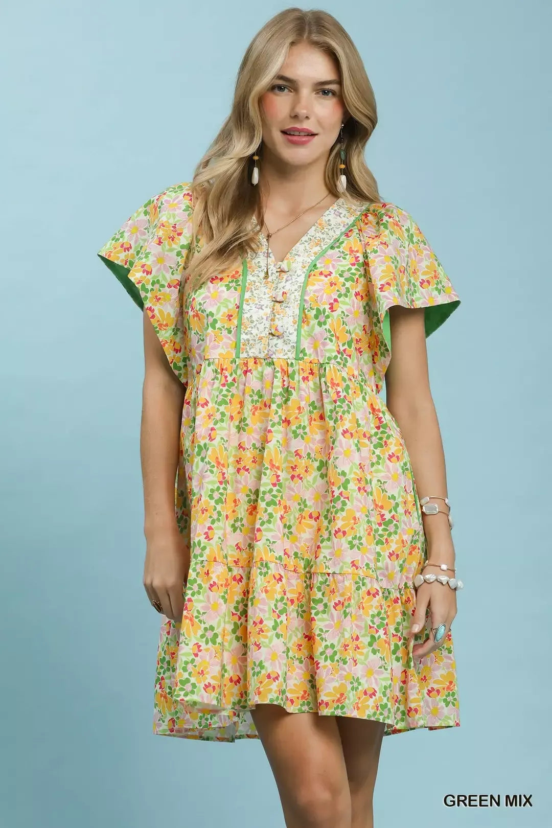 Umgee Mix Floral Tiered Mini Dress with Side Pockets mysite idetrend