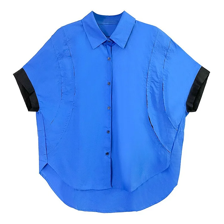 Design Loose Lapel Single-breasted Contrast Color Patchwork Short Sleeve Shirt     