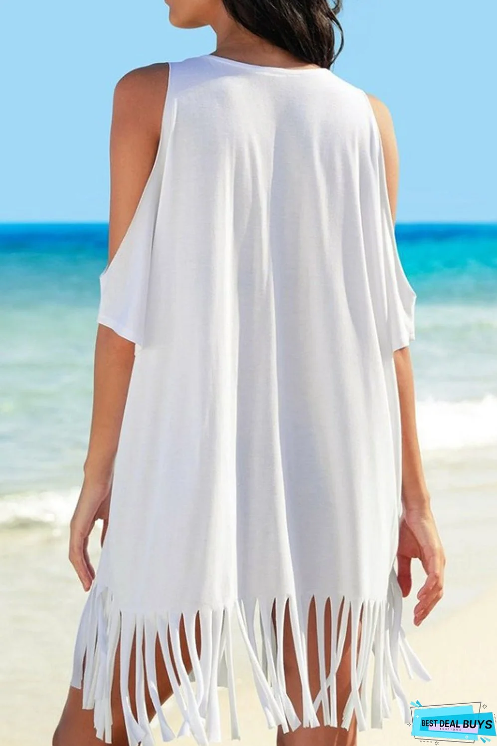Fringe V-Neck Cold Shoulder Cover Up