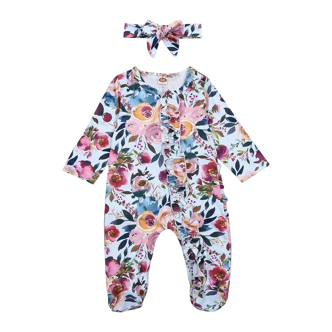 Newborn Baby Girl Floral Footed Playsuit, Floral Print One Piece Jumpsuit Sleeper with Headband Clothes Footies Long Sleeve