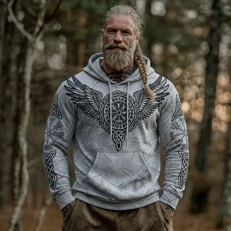 Men's Viking Tribal Jacquard Vegvisir In Wings Inspired Art Casual Hoodie