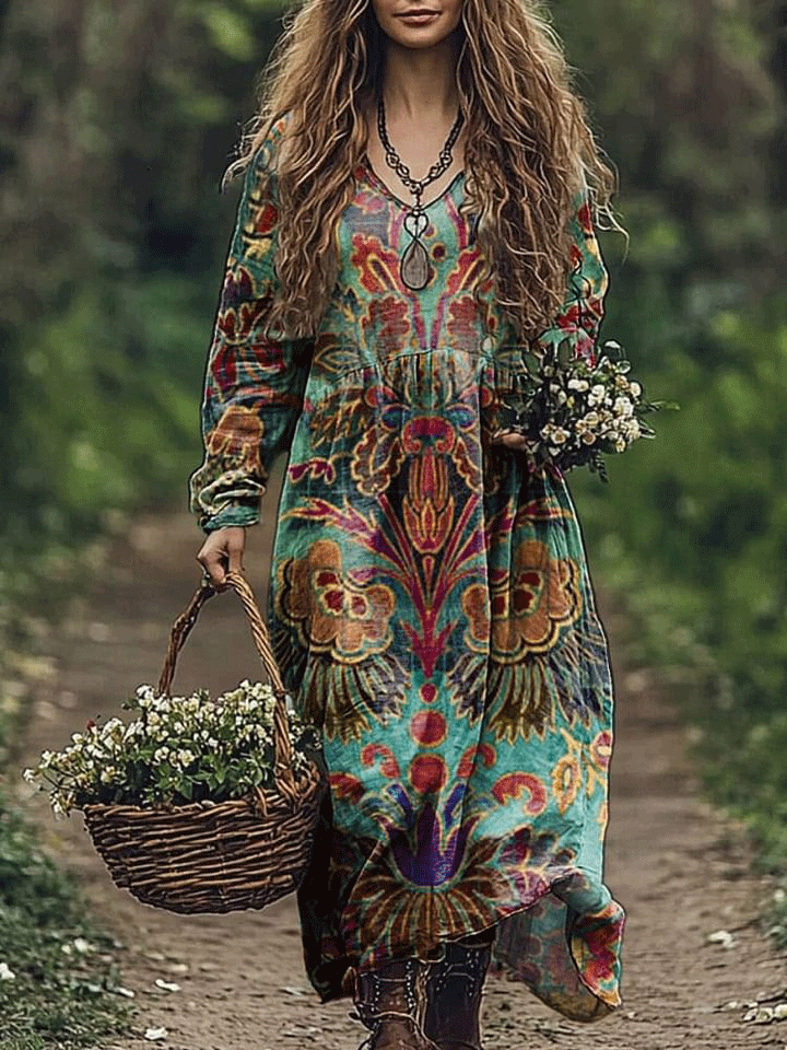 Women's Vintage Lovely Floral Art Print Pocket Cotton Dress