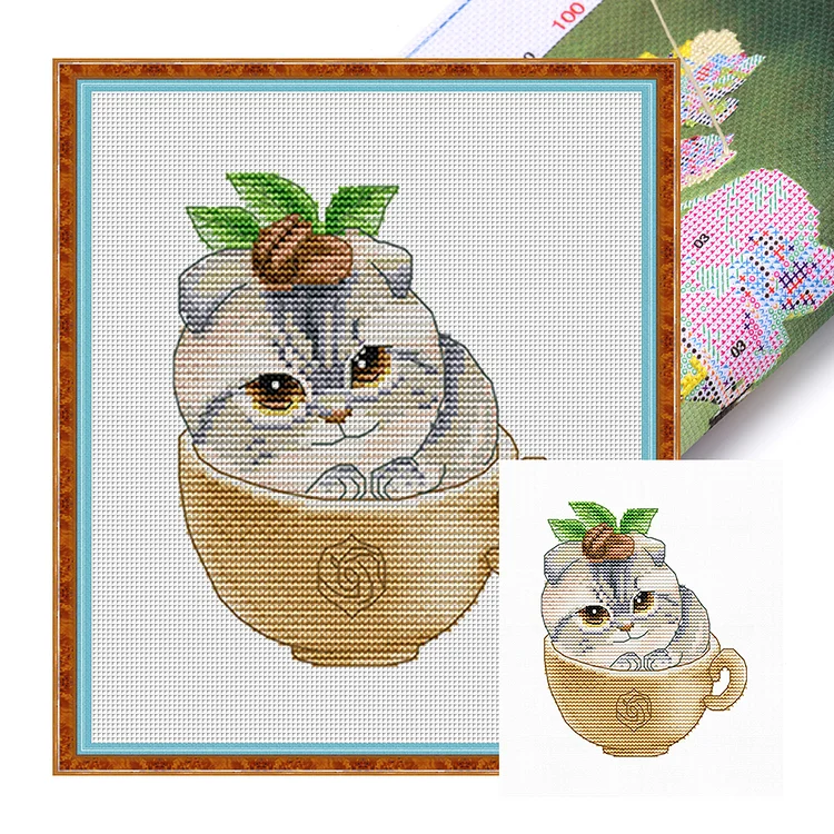 Spring-Cat In Coffee Cup (21*23cm) 14CT Stamped Cross Stitch gbfke