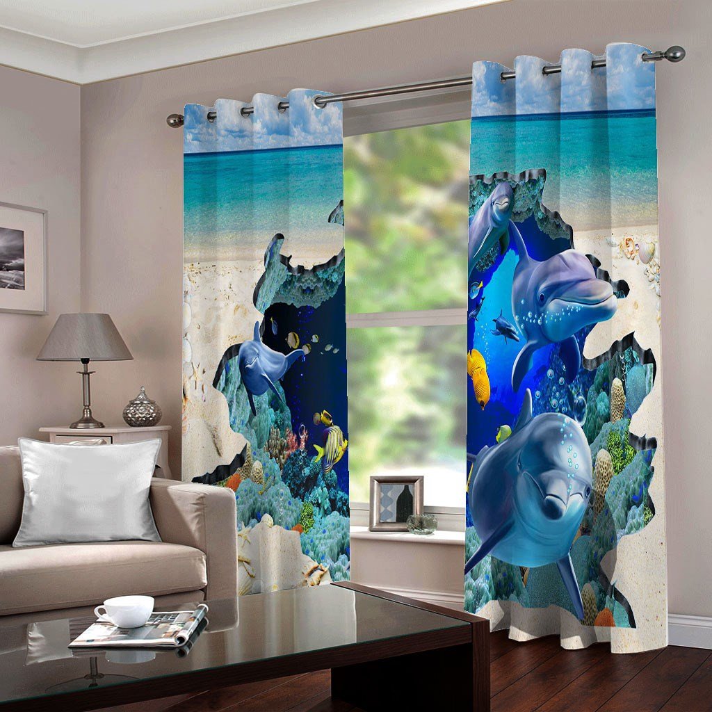 3D Animal Curtains Whales Wonderful Blue Under Sea World and Beach 3D ...