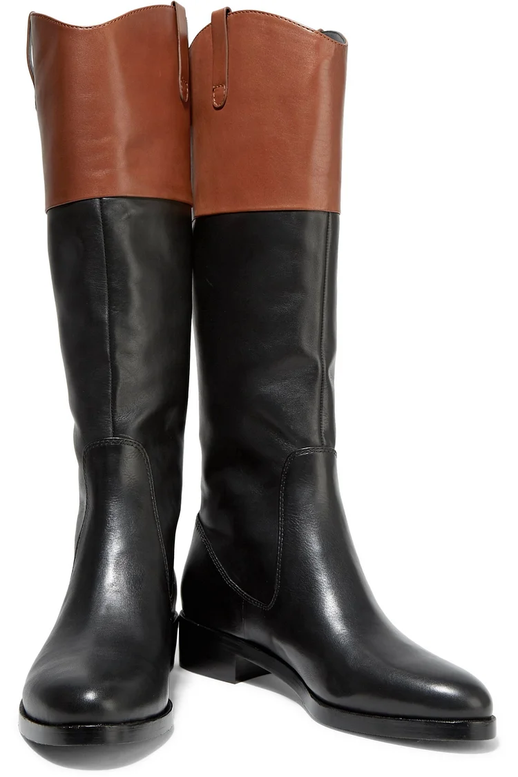 Flat Knee High Fashion Boots Brown and Black Stitching Color Vdcoo