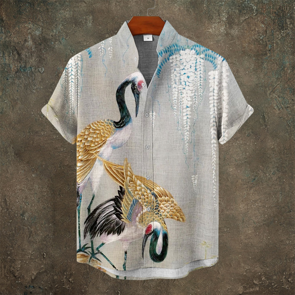Japanese Crane Print Men's Linen Short Sleeve Shirt  artssus