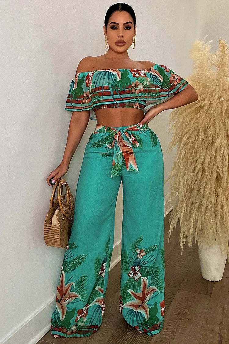 Ruffle Off Shoulder Boat Neck Crop Top Wide Leg Tied Up Pants Floral Print Matching Sets