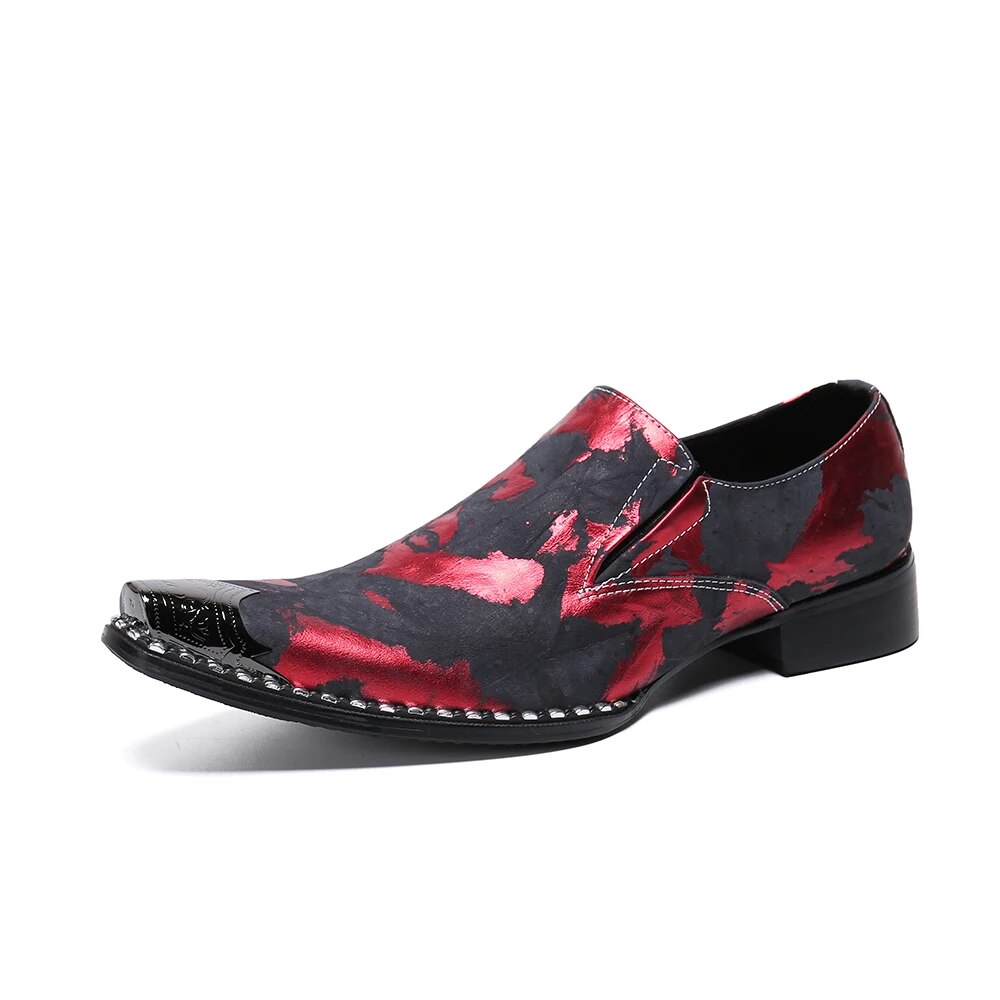VCSHOES Men Genuine Leather Party Shoes Male Plus Size Metal Pointed Toe Shoes Men's Red Printing Dress Shoes