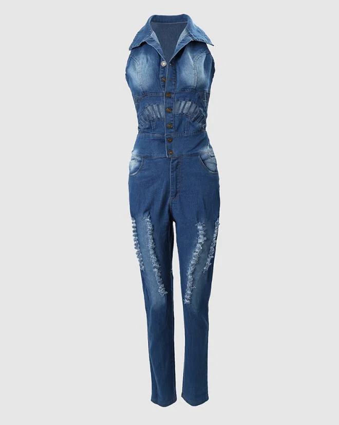 Nncharge Women's Jumpsuit 2023 Spring Fashion Buttoned Cutout Ripped Skinny Turn-Down Collar Sleeveless Denim Jumpsuit Y2K Streetwear