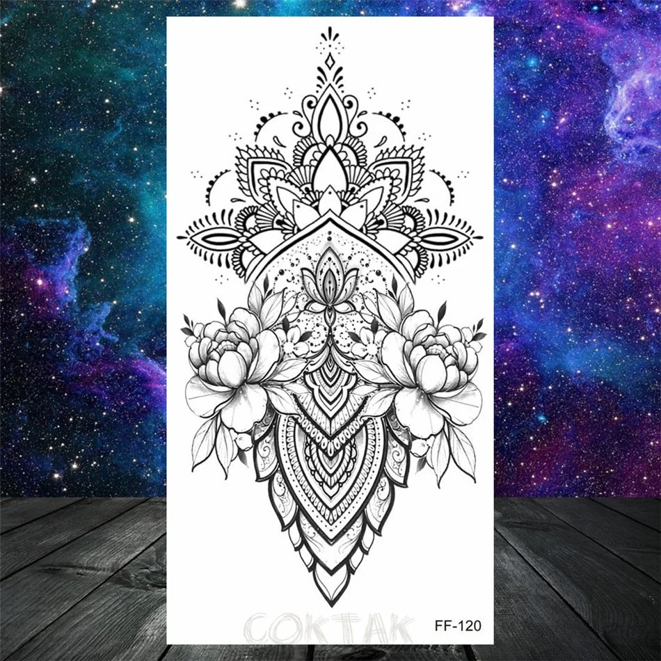 Owl Moth Jewelry Temporary Tattoo For Women Men Mandala Henna Flower Tattoo Mehndi Fake Pendants Geometric Tatoo Chest Back Lace