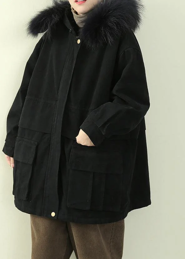 Fine black thick overcoat plus size down jacket faux fur collar winter coats