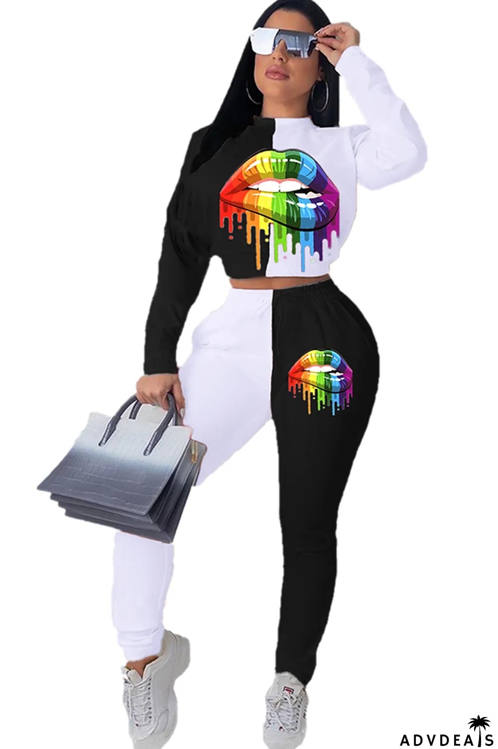 Red Celebrities Two Piece Suits Print Straight Long Sleeve Two-piece Pants Set