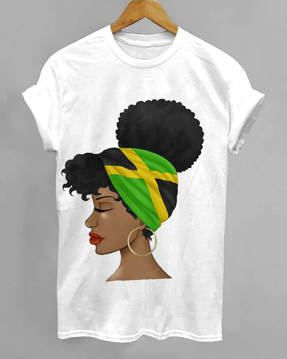 Jamaican Black Woman Prints Crew Neck Short Sleeve Tshirt