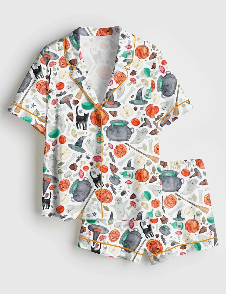 Women&rsquo;s Halloween Autumn Ghost Pumpkin Cat Broom Short Sleeve Satin Pajama Set