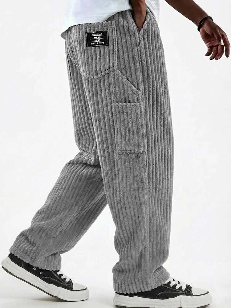 Vintage Wide-Corduroy Textured Multi-pocket Comfort Pants with Embroidery