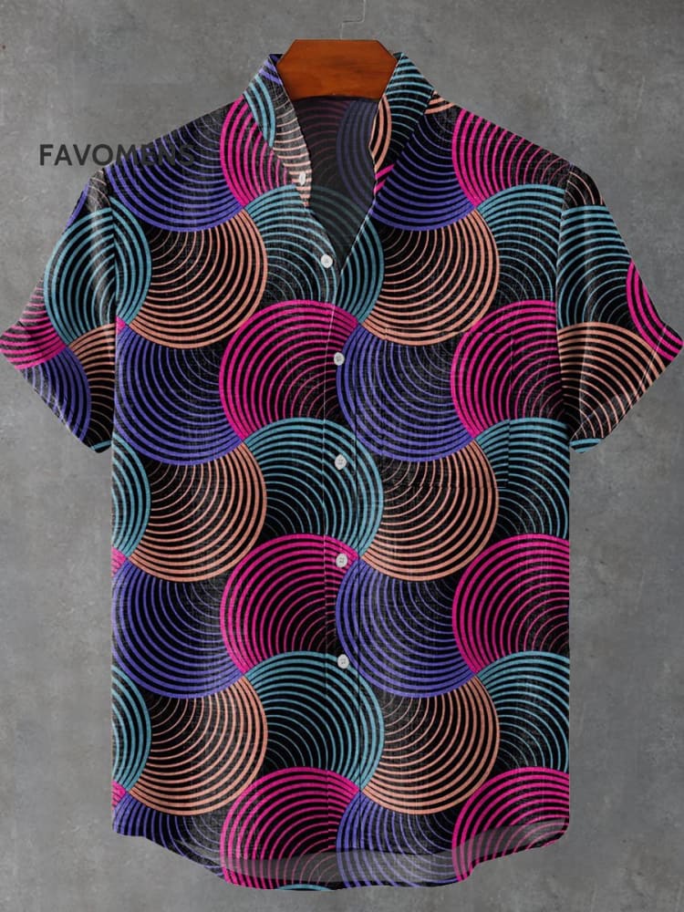 Line Combination Fan-Shaped Decorative Pattern Casual 100% Cotton Shirt Multicolor / S