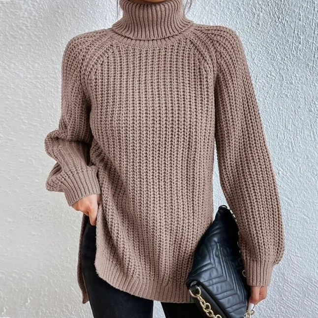 Retro Mid Length Raglan Sleeves High Lapel Split Sweater