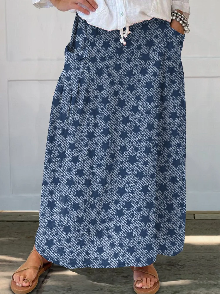 Women's Denim Texture Stars Casual Print Linen Pocket Skirt