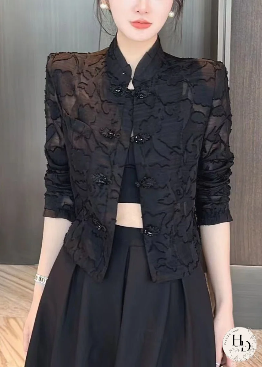 Slim Fit Black Stand Collar Embroideried Lace UPF 50+ Coats Long Sleeve