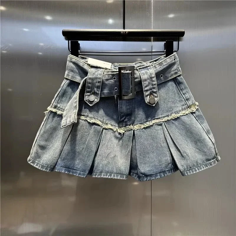 Huiketi Women Black Gothic Denim A-line Pleated Skirt Vintage Y2k Skirt Harajuku Mini Jean Skirts Emo 2000s 90s Aesthetic Trashy Clothes