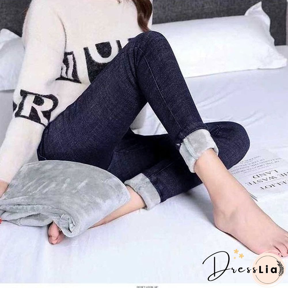 Winter Warm High Waist Velvet Jeans for Ladies To Wear Tights Warm for Ladies Denim Pencil Jeans Women's Thick Winter Socks