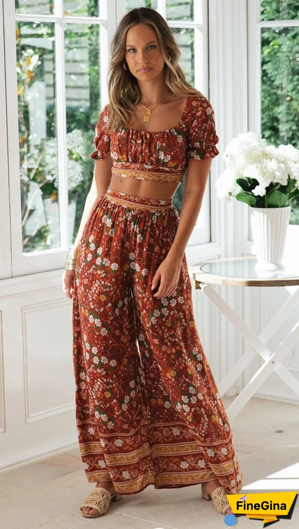 Coffee Floral Crop Top and Pants Matching Sets