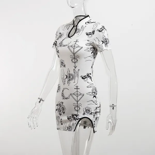 Womens Vintage Cheongsam Print Dress floral white short sleeve high waist skinny mini