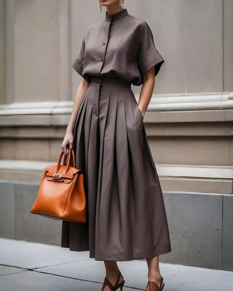 Stand Up Collar Short Sleeve Shirt & Pleated Design Skirt Set