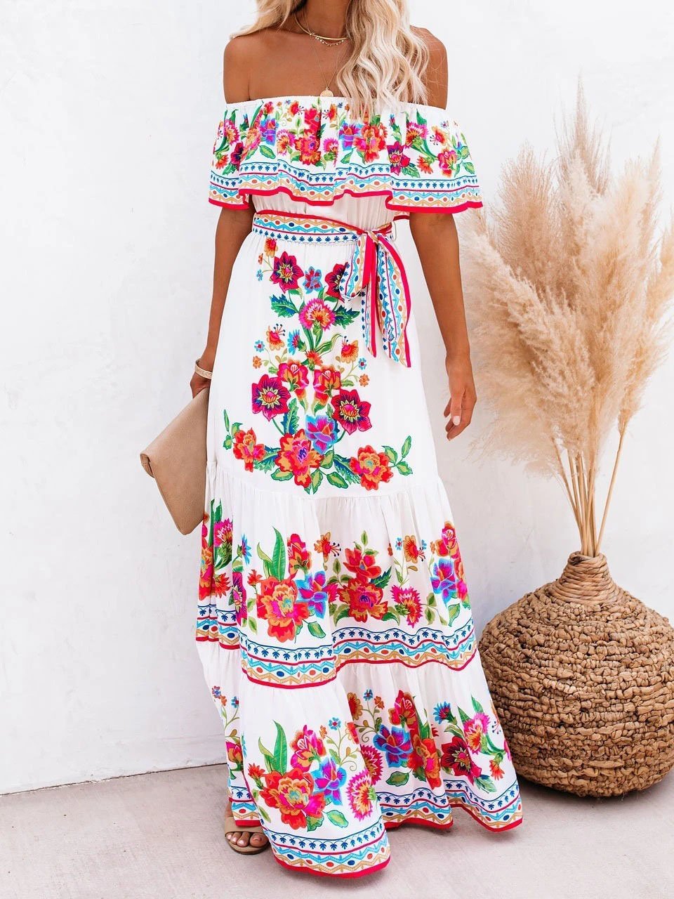 Floral Print One-Shoulder Mopping Dress