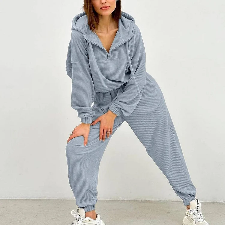 Solid Color Two-Piece Zippered Long-Sleeved Trousers Suit at Hiphopee