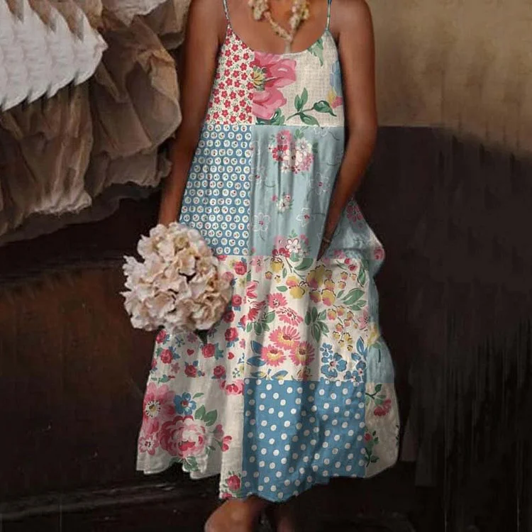 VChics Vintage Bohemian Resort Floral Printed Sleeveless Loose Maxi Dress