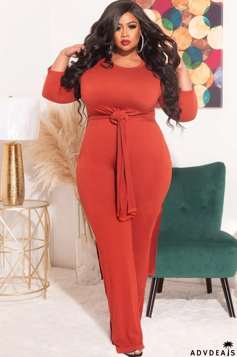 Spring Plus Size Red Slit Long Sleeve Top And Pant Wholesale Women's Two Piece Sets