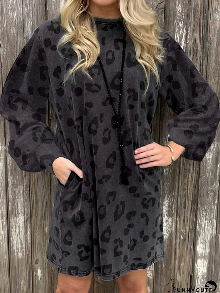 Gray Leopard Puff Sleeve Tunic Mini Dress with Pockets