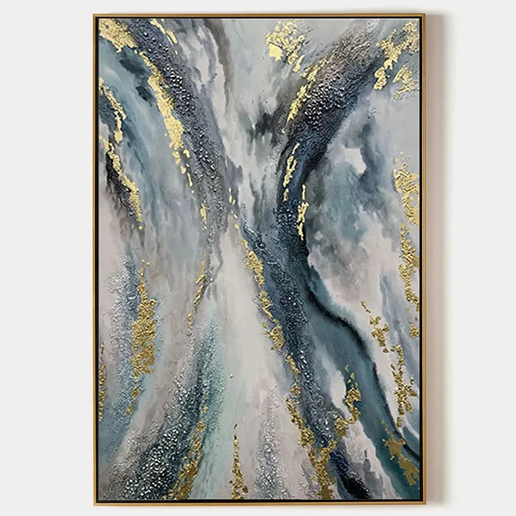 CELESTIAL RIVER: Vertical Abstract Oil Painting with Gold Leaf Accents（Canvas painting）