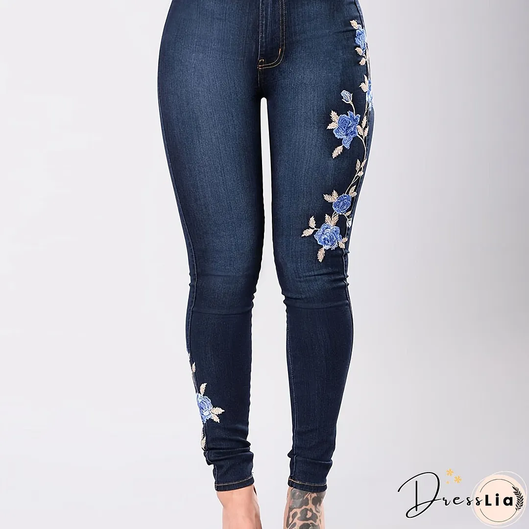 Blue Floral Embroidery Skinny Jeans Zipper Button Closure Medium Strech Elegant Denim
