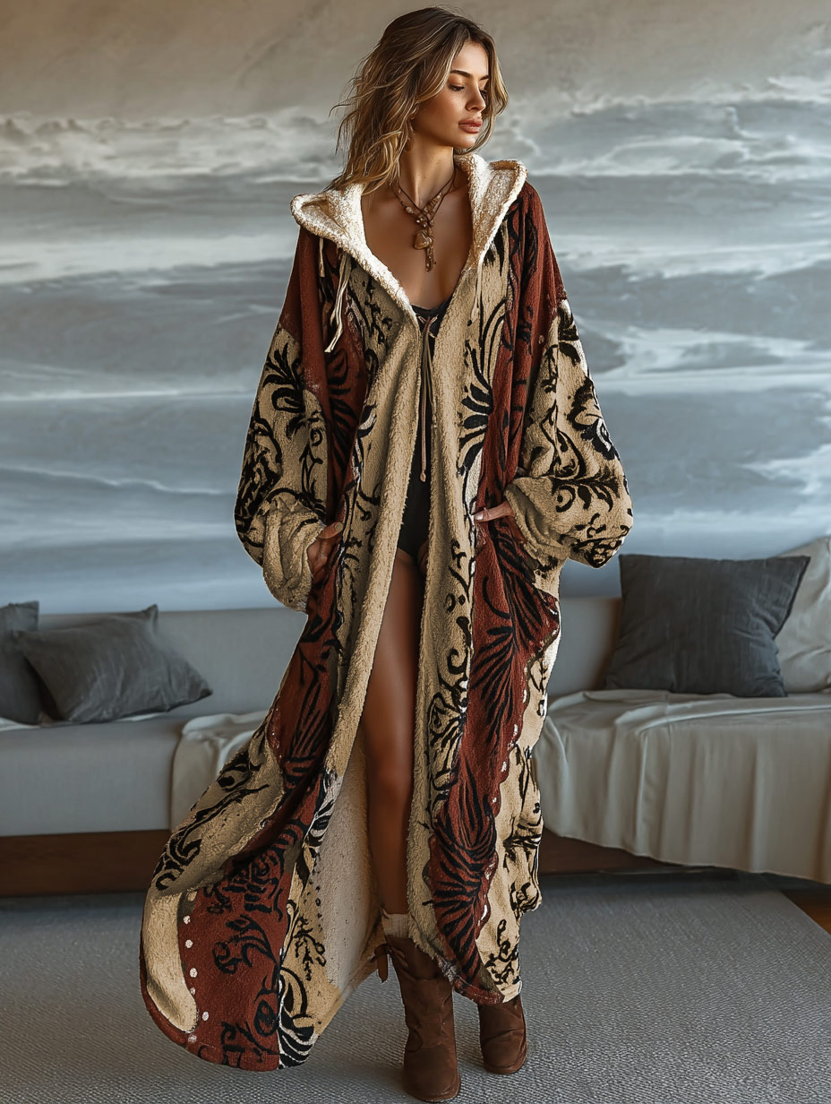 Women&rsquo;s Brown Flower Pattern Luxury Fleece Long Robe