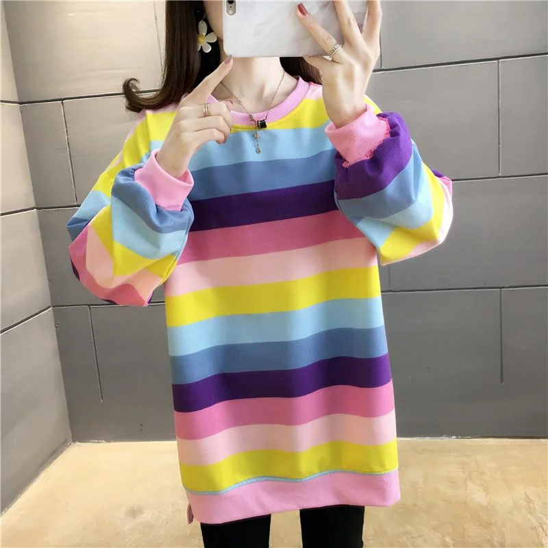 Fashion Rainbow Color Sweatshirt Hoodies Women Loose Long Sleeve Pullover Female Spring Autumn Oversized Harajuku Striped