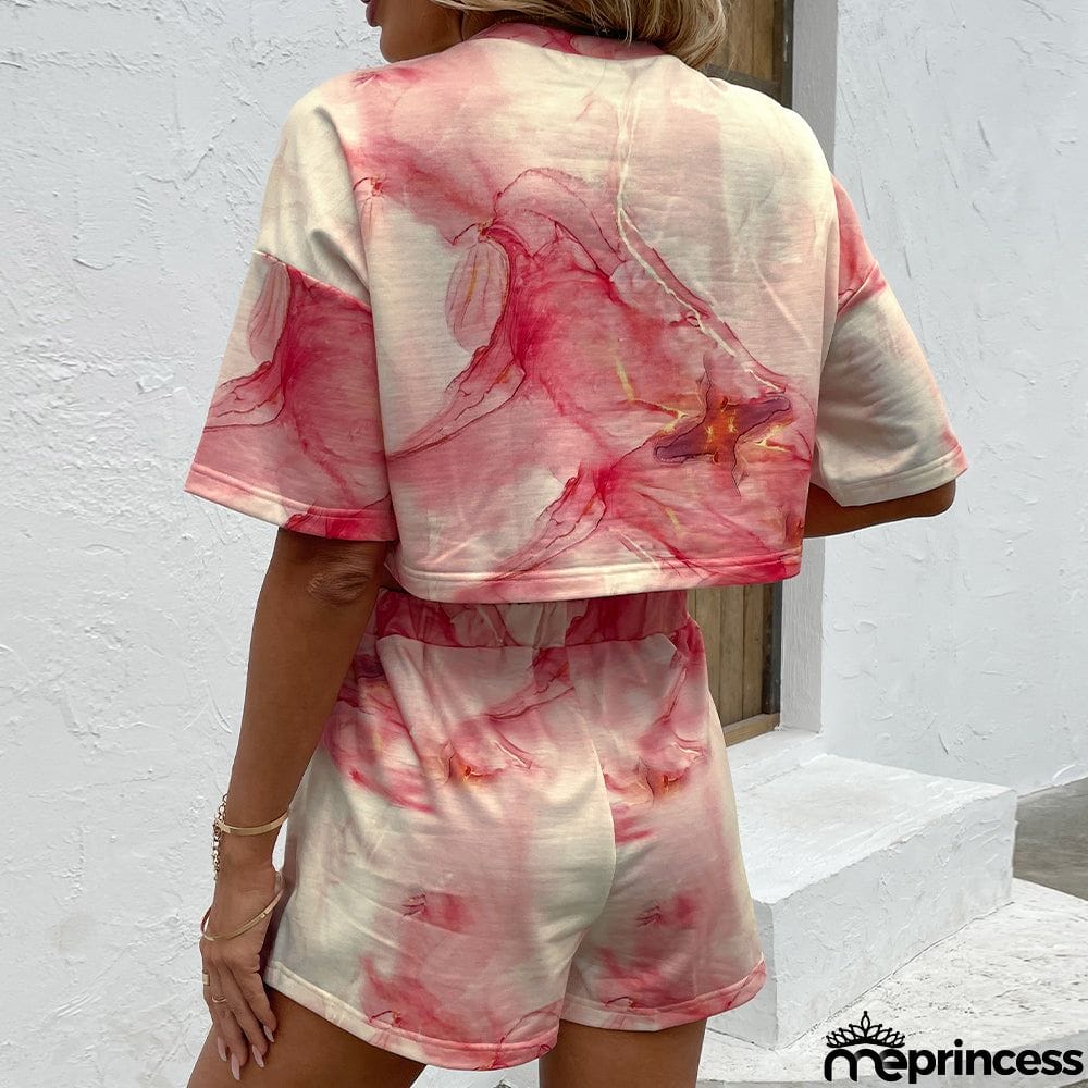 Printed Round Neck Dropped Shoulder Half Sleeve Top and Shorts Set