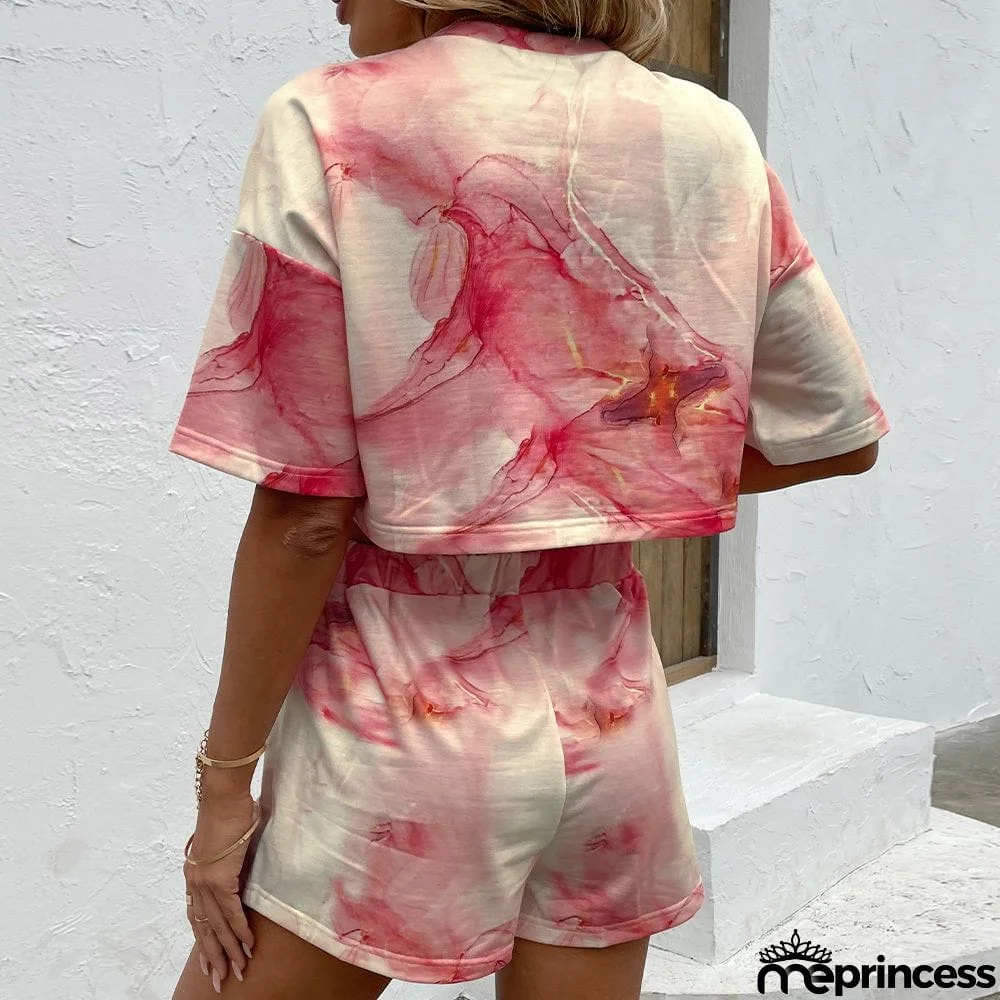 Printed Round Neck Dropped Shoulder Half Sleeve Top and Shorts Set