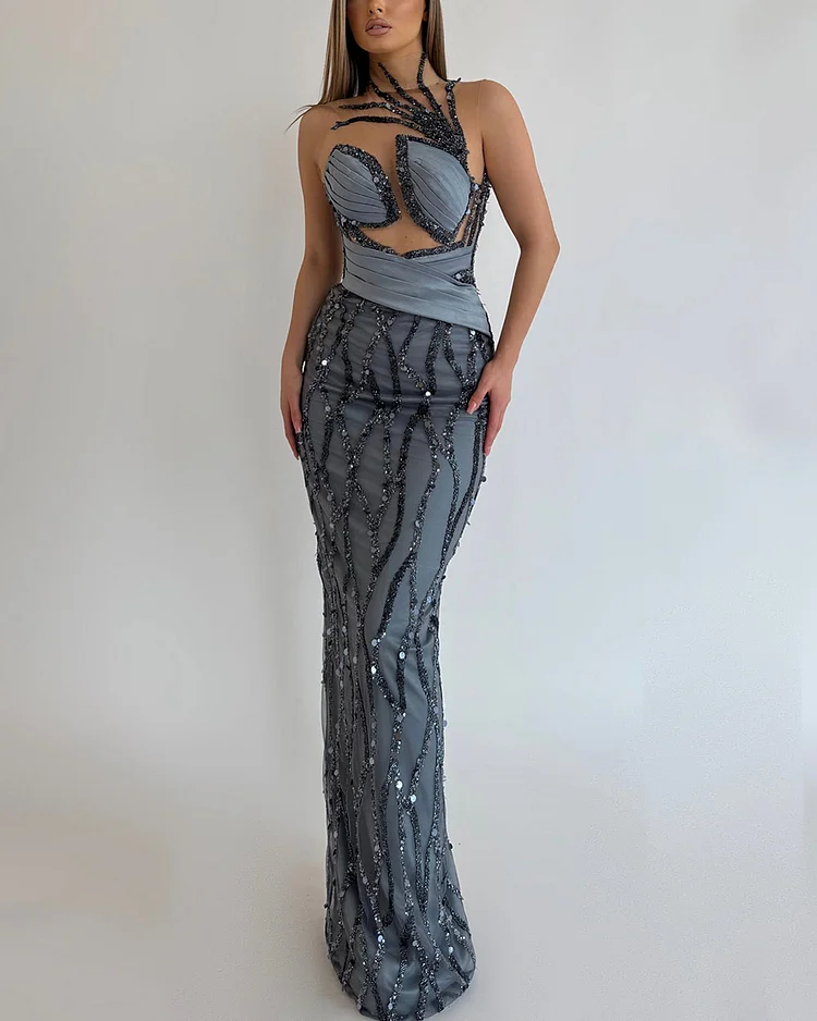 One Shoulder Crystal Sequin Irregular Dress