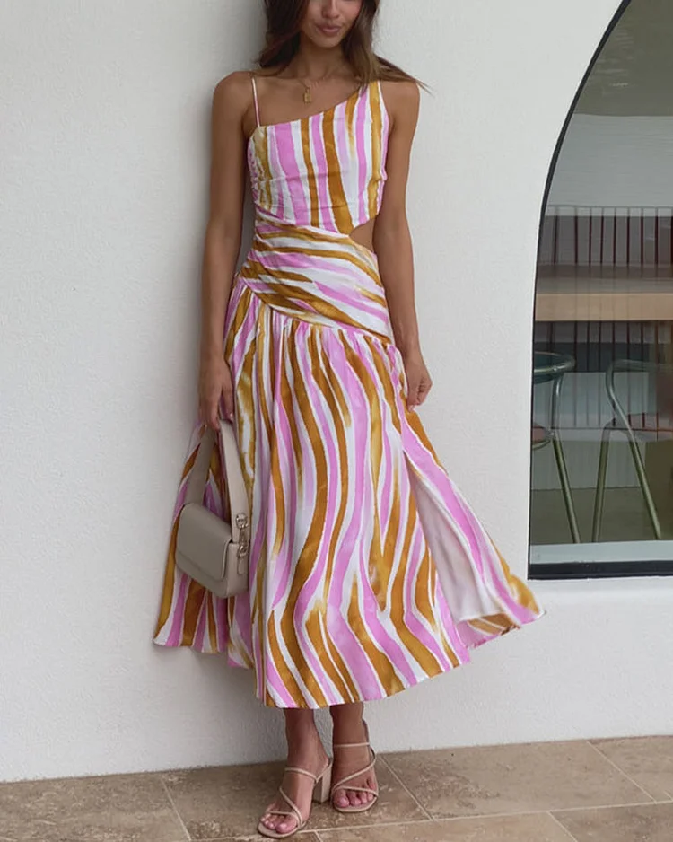 Slanted Shoulder Color Block Stripe Elegant Dress