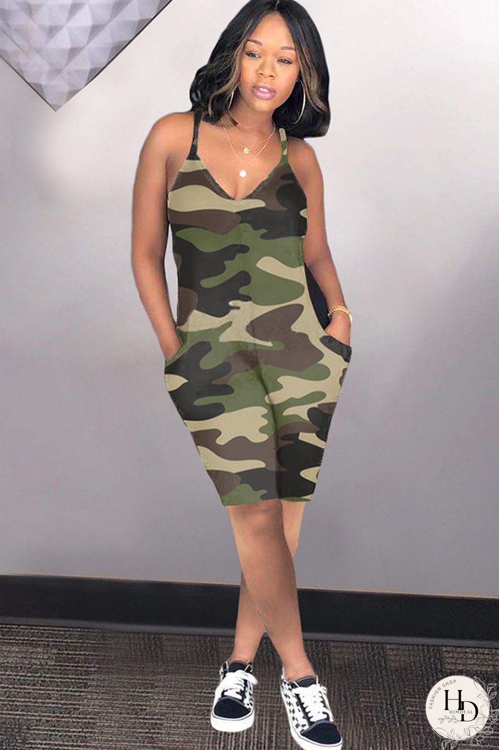 Blue Sexy Fashion Camouflage Chemical fiber blend Sleeveless V Neck Rompers