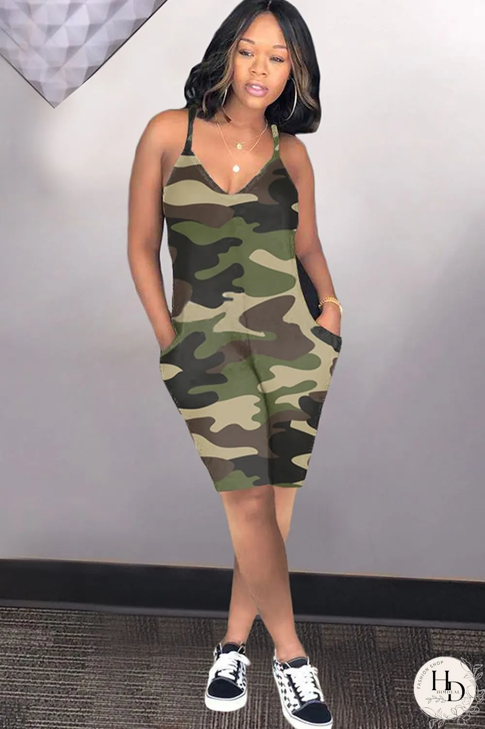 Blue Sexy Fashion Camouflage Chemical fiber blend Sleeveless V Neck Rompers