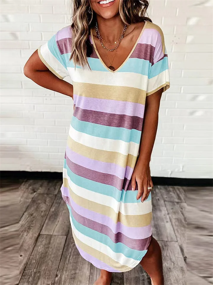 Loose Striped Printed Short Sleeved Jumpsuit Dress | EGEMISS