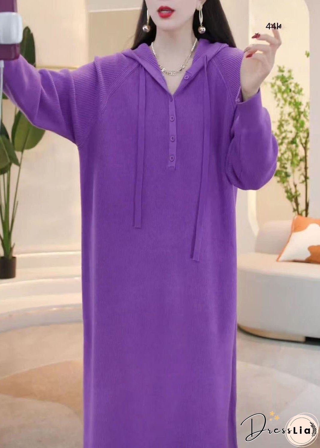 Simple Purple Hooded Button Solid Knit Sweater Dress Winter